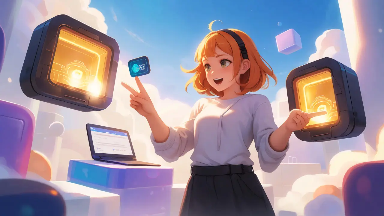 An anime girl interacting with glowing golden vaults in a bright, futuristic cloud city setting.