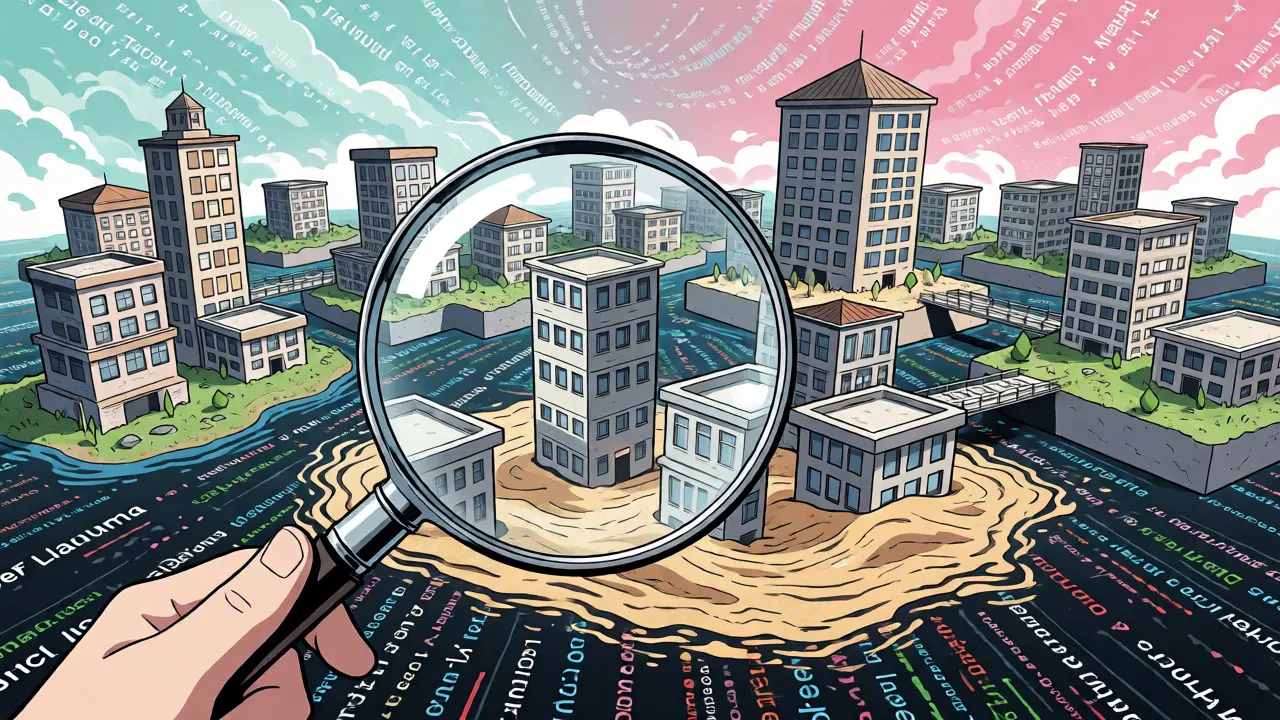 Anime analyst using a magnifying glass to inspect floating DeFi protocol structures for hidden flaws.