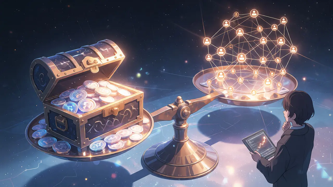 Anime character comparing a chest of tokens against a glowing network of users on a cosmic scale.