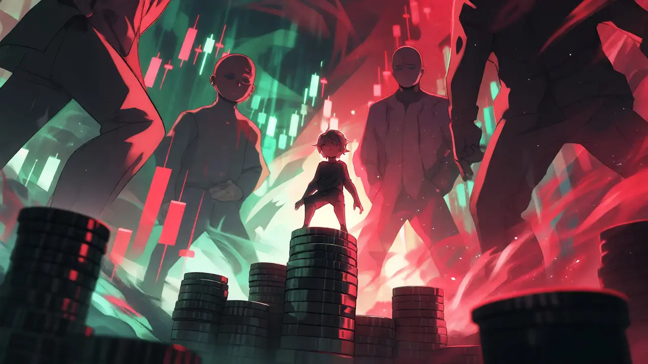Anime character facing giant market whale figures amid volatility