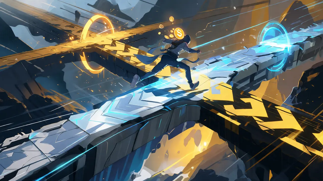 Anime courier dashing across glowing cross-chain bridges between networks