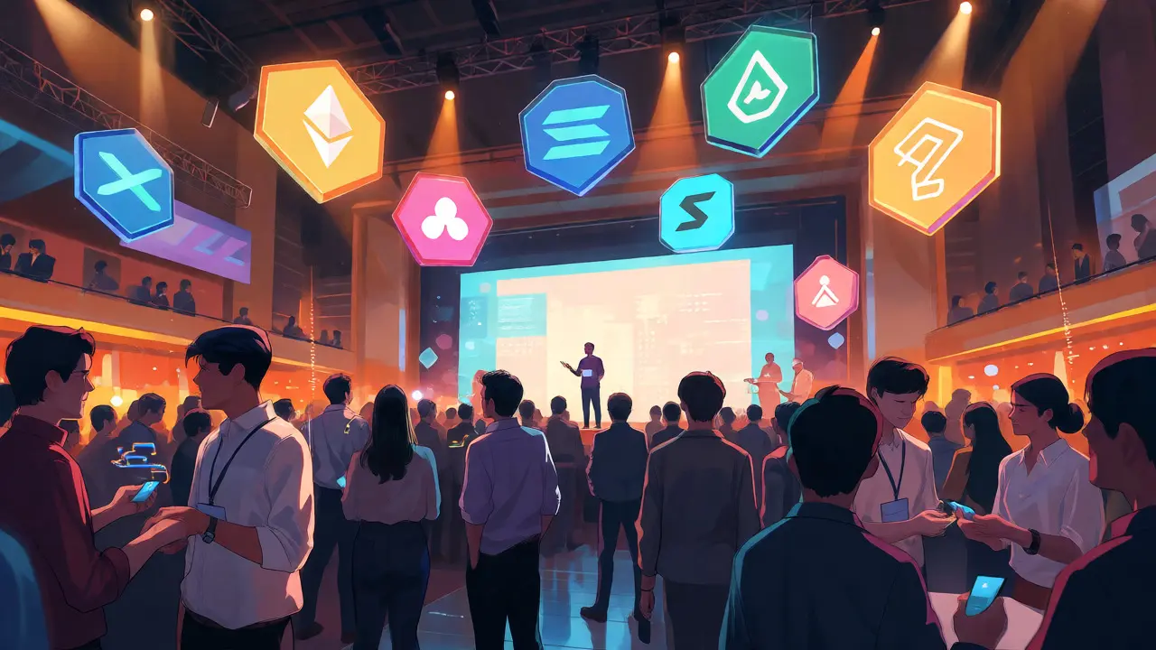 Anime crowd at a Crypto Valley networking event with floating logos