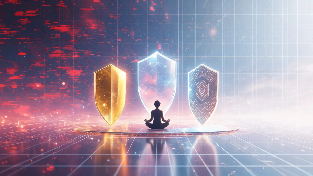 Anime depiction of a meditating figure protected by three glowing shields against a backdrop of chaos and order.