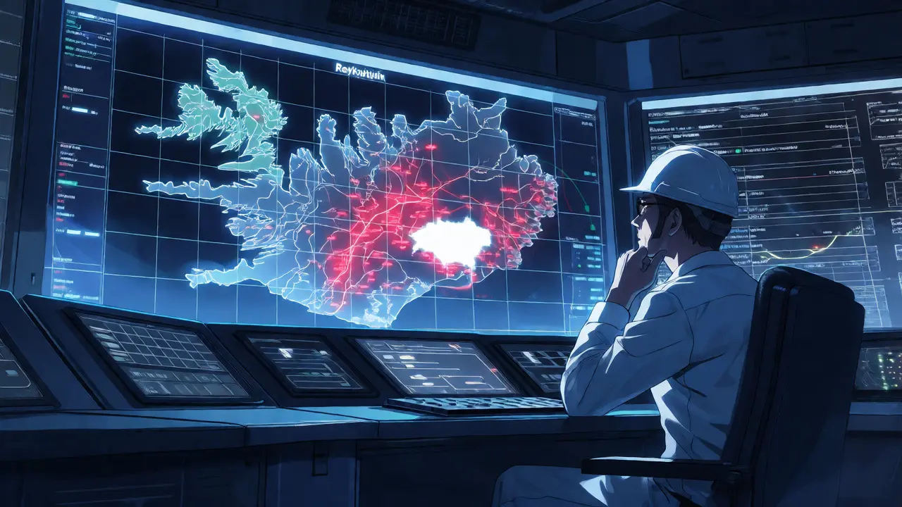 Anime engineer monitoring Iceland's power grid hologram at Landsvirkjun.