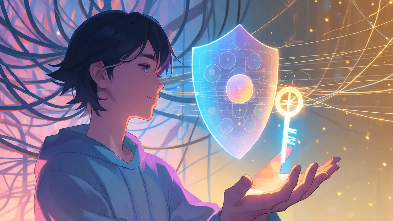 Anime figure holding a light key to protect personal data in a decentralized network.