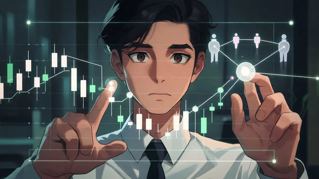 Anime fund manager analyzing holographic trading strategies and investor links
