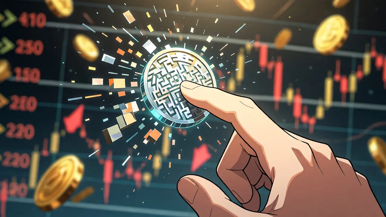 Anime hand touching shattering crypto token revealing hidden order book