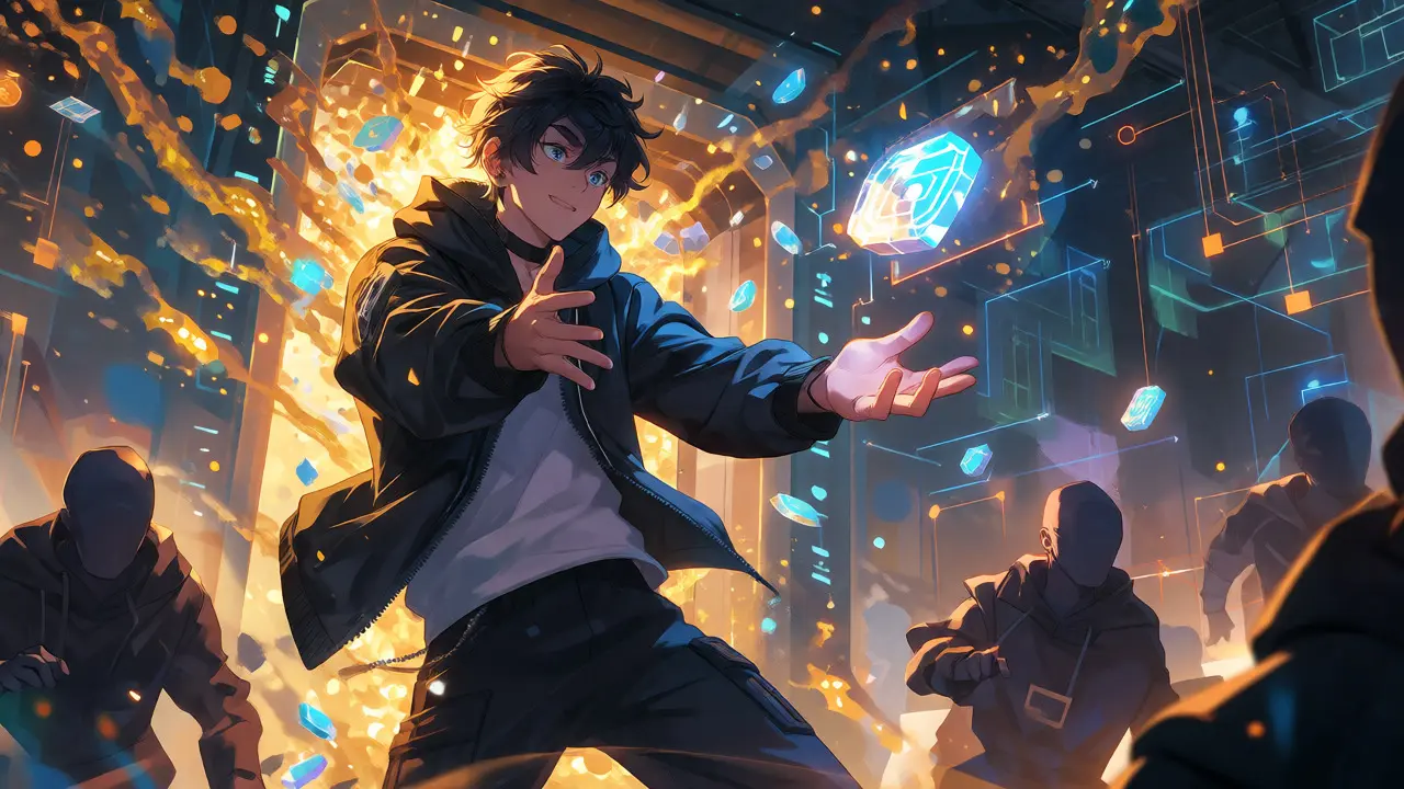 Anime hero catching a glowing crypto token during a dynamic IDO launch scene.