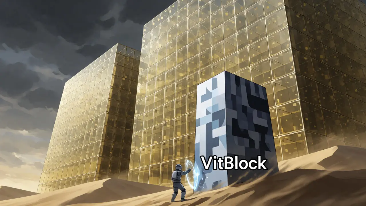 Anime scene comparing small VitBlock tower to large secure exchange fortress