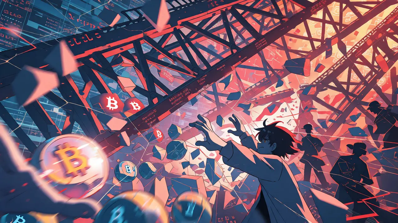 Anime scene showing a collapsing digital bridge with falling tokens and distressed characters amidst red glitches.
