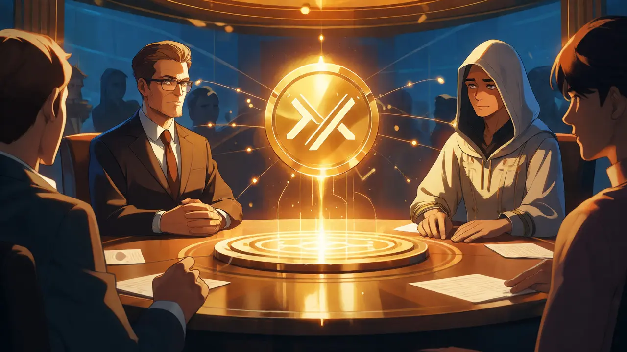 Anime style council meeting around a glowing MLN token representing DeFi governance