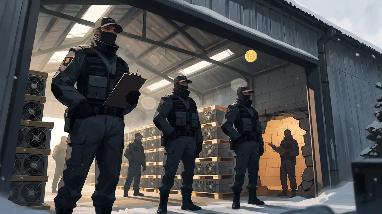 Anime style scene of authorities raiding a warehouse filled with confiscated illegal mining rigs.