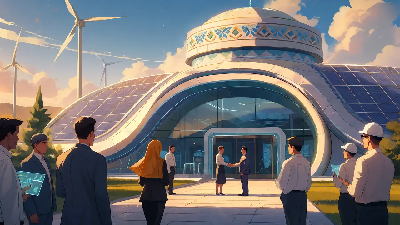 Anime style view of a futuristic, eco-friendly crypto mining center with wind turbines and solar panels.