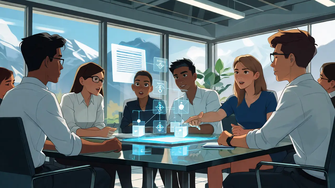 Anime team analyzing holographic DLT legal structures in an office