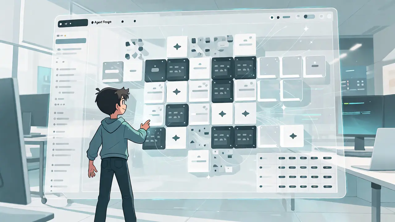 Character interacting with holographic AI agent builder interface in anime style