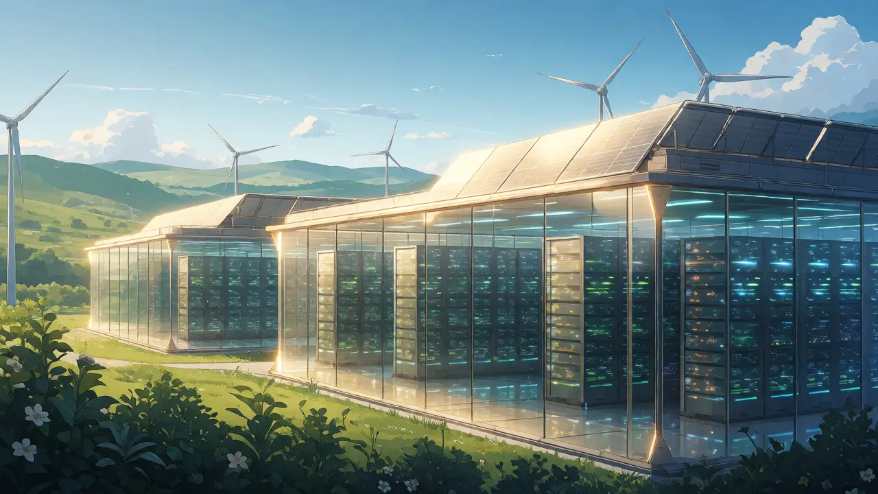Eco-friendly high-tech data center with solar panels in a green landscape, anime style