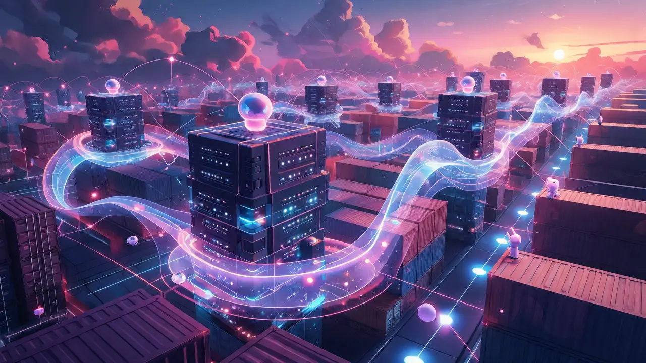Futuristic supply chain network with AI data streams and robots