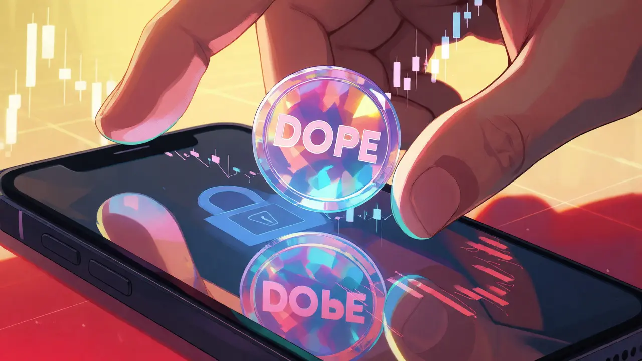 Hand reaching for a translucent DOPE token above a phone with falling price charts.