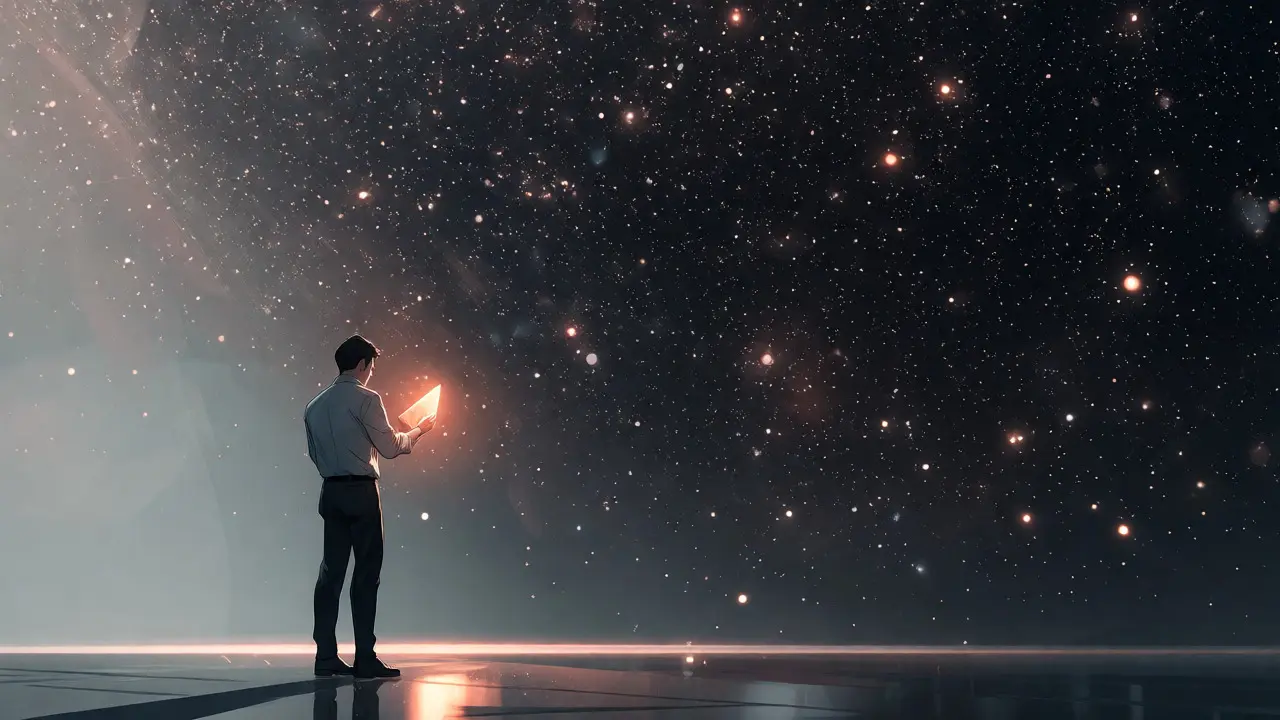 Investor holding a glowing copper shard against a vast void