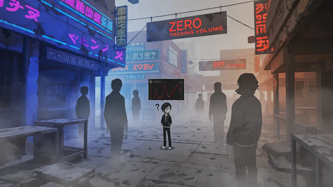 Lonely anime figure in an empty, dusty virtual trading marketplace