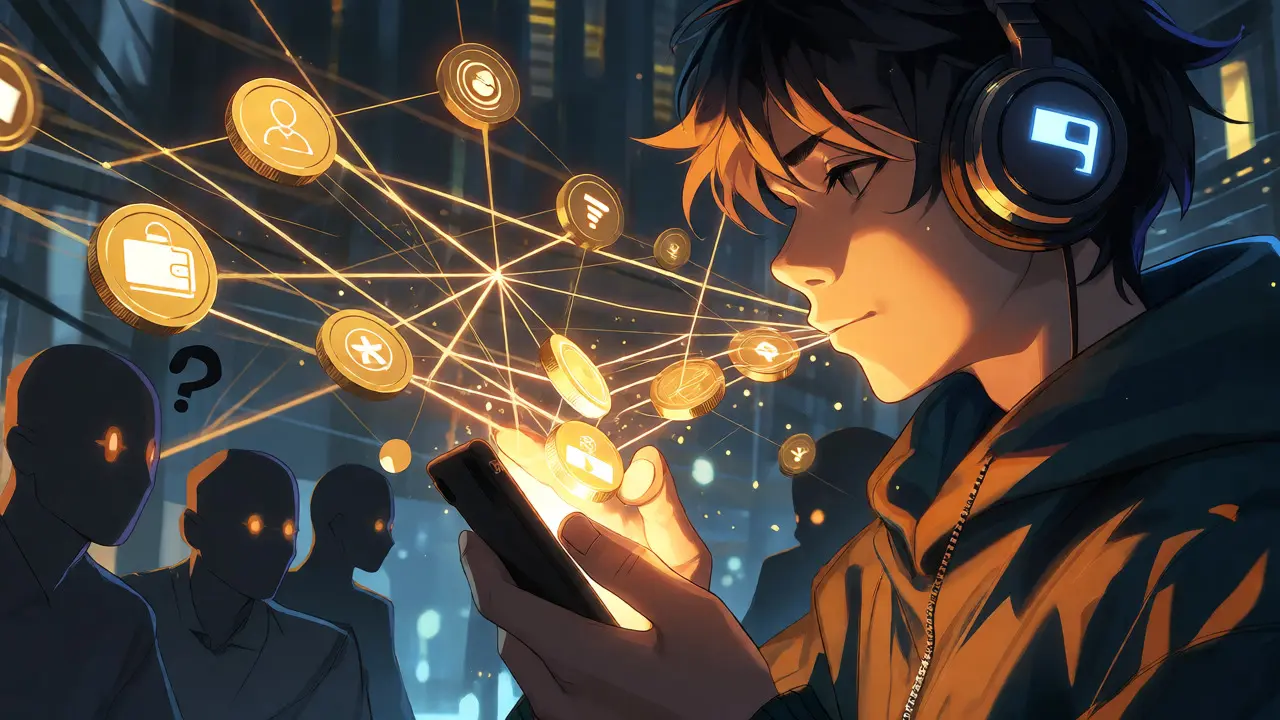 Musician receiving instant royalties via smart contract visualization