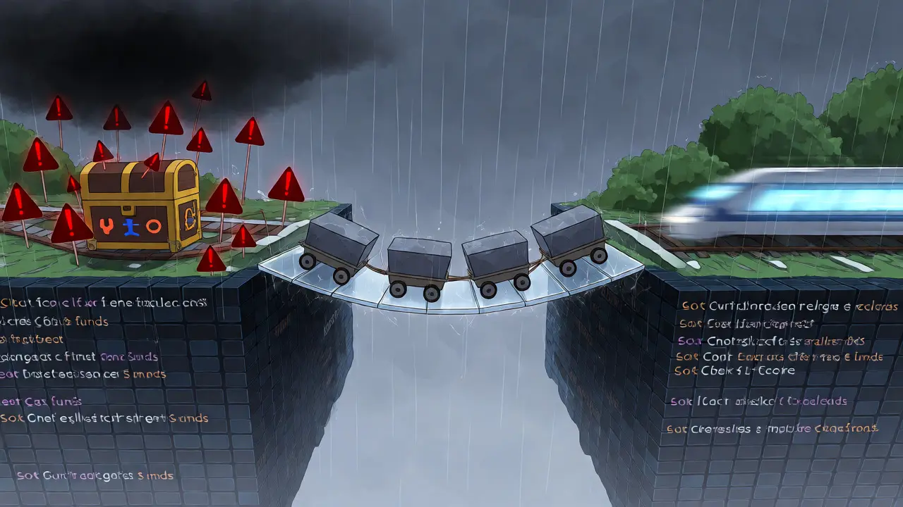 Precarious glass bridge connecting isolated blockchain islands amidst stormy regulatory fog.