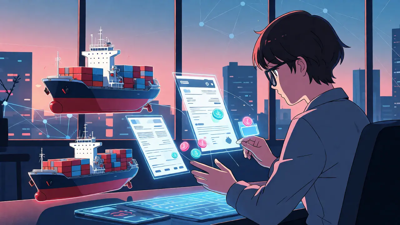Professional engaging with holographic trade finance assets in anime style