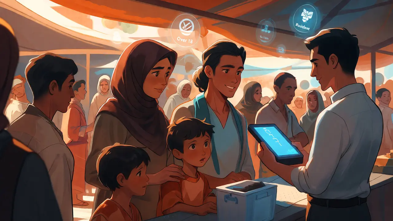 Refugee family using digital ID kiosk in a busy market