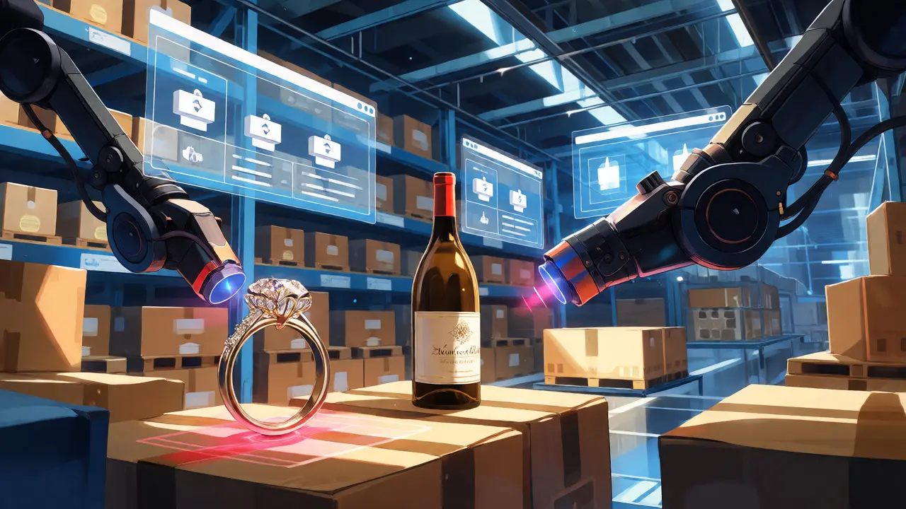 Robotic arms scanning diamond and wine with blockchain data overlays