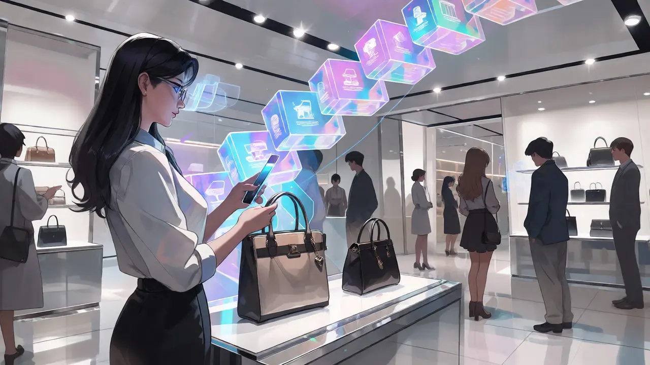 Shopper viewing a handbag's blockchain provenance history