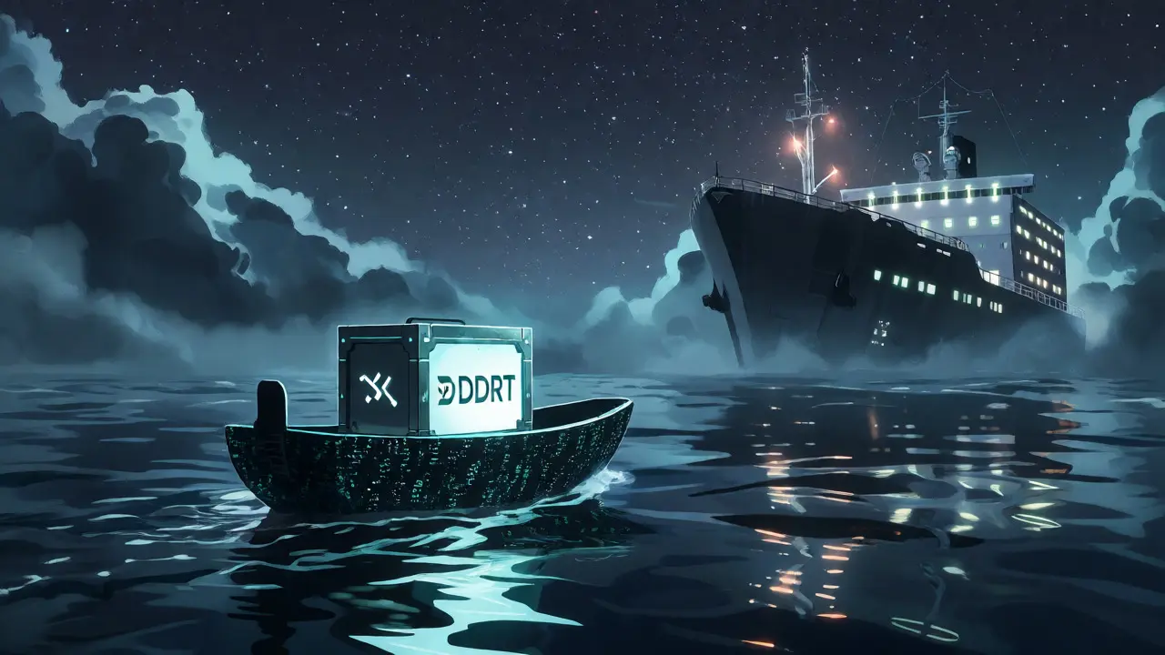 Small digital boat navigating vast ocean near large ships