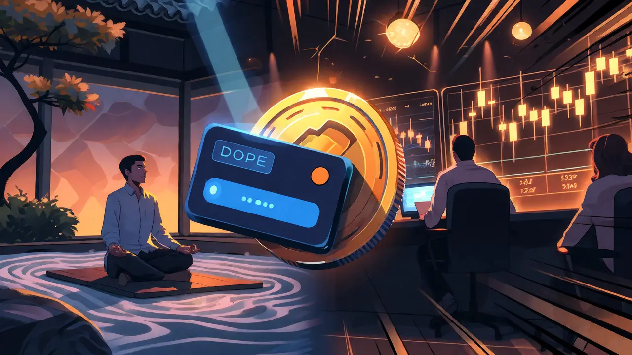 Split scene of a zen garden and crypto trading floor with a floating DOPE token.