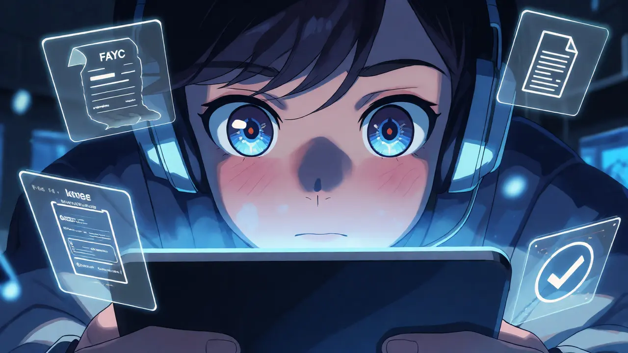 Trader checking P2P seller verification in anime style