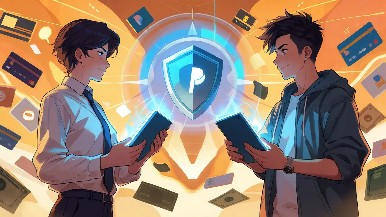 Two characters trading via holographic screens with escrow shield